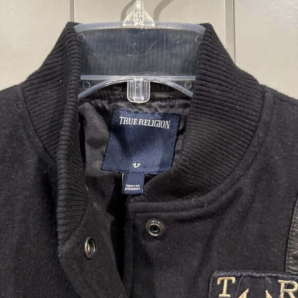 True Religion Jet Black Wool Varsity Jacket  Size S/P - Picture 3 of 7